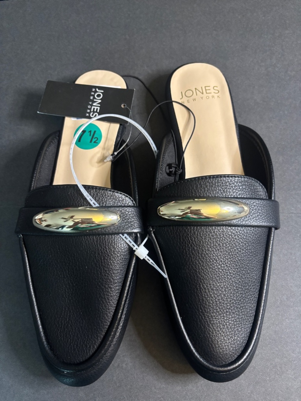 Jones New York Black Slip-On Mules with Gold-Tone Accent